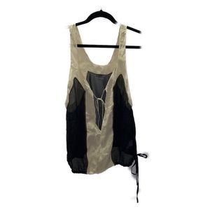 Armani Exchange Medium Silk Tank Top Blouse Sheer Black Tan Tie deep V neck